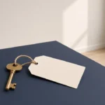 Editorial still life of a blank tag and a brass key on a navy desk, for a domain registrar review.
