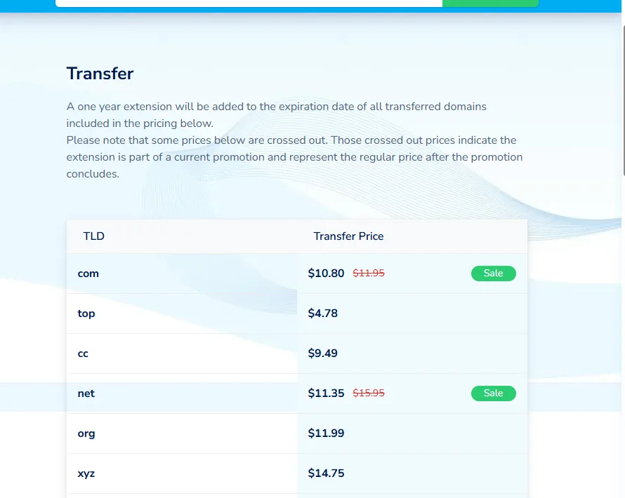 NameSilo transfer prices for .com, .net, and .org, including the one-year extension note