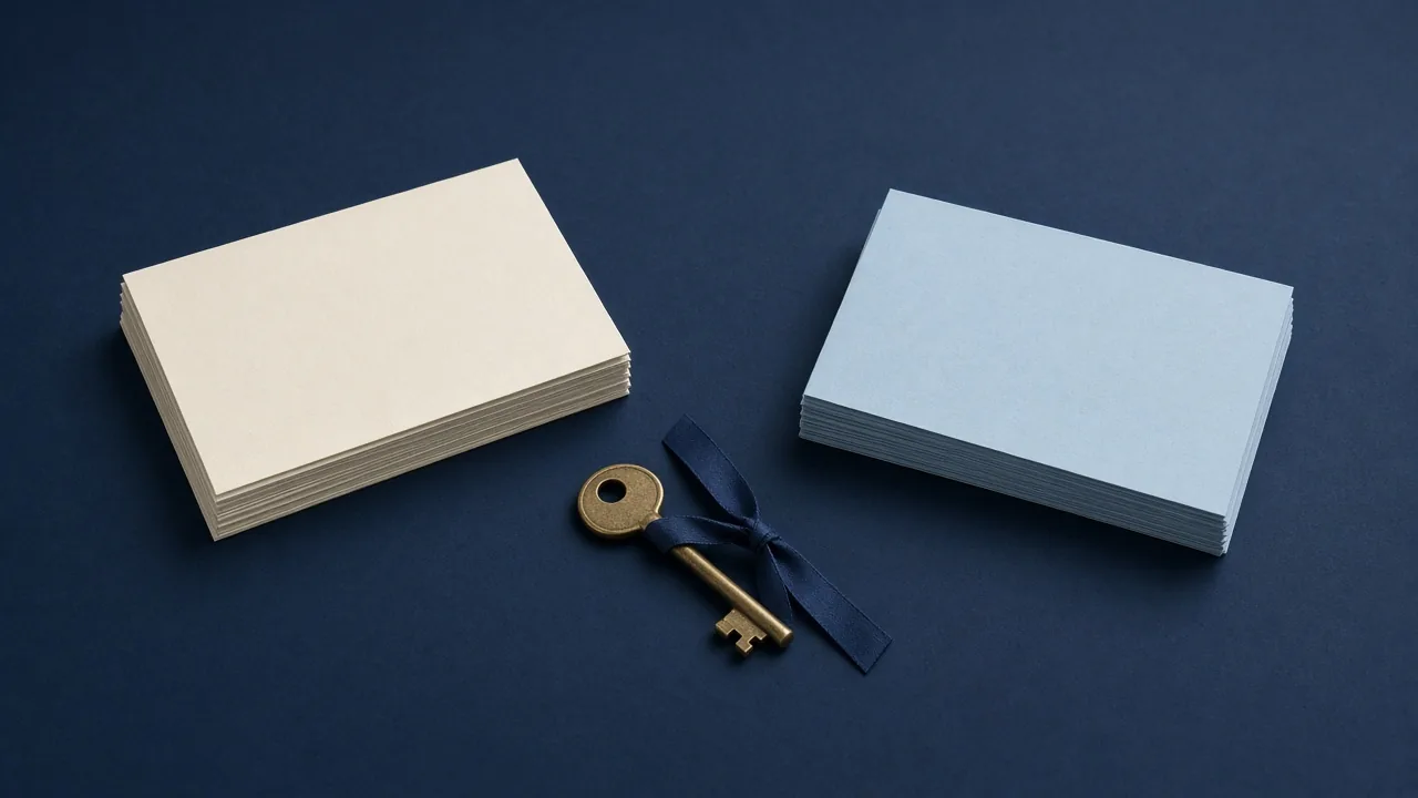 Two stacks of blank cards and a brass key on a navy desk, suggesting a choice between domain registrars