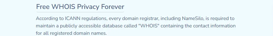 NameSilo text stating Free WHOIS Privacy Forever and describing the public WHOIS contact database.