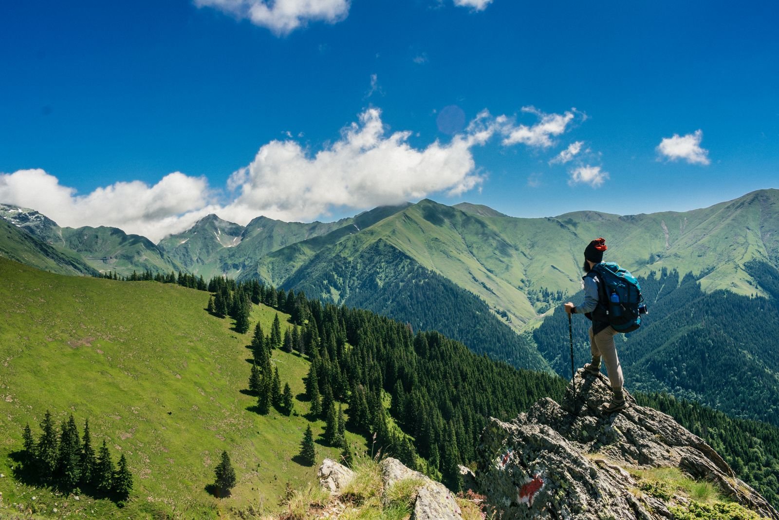 Hiker on a green mountain ridge in daylight