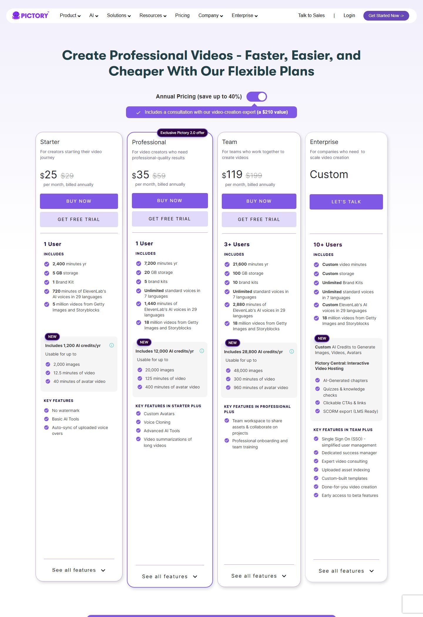 Pictory annual pricing with Starter at $25 per month billed annually, Professional at $35, Team at $119, and Enterprise custom.