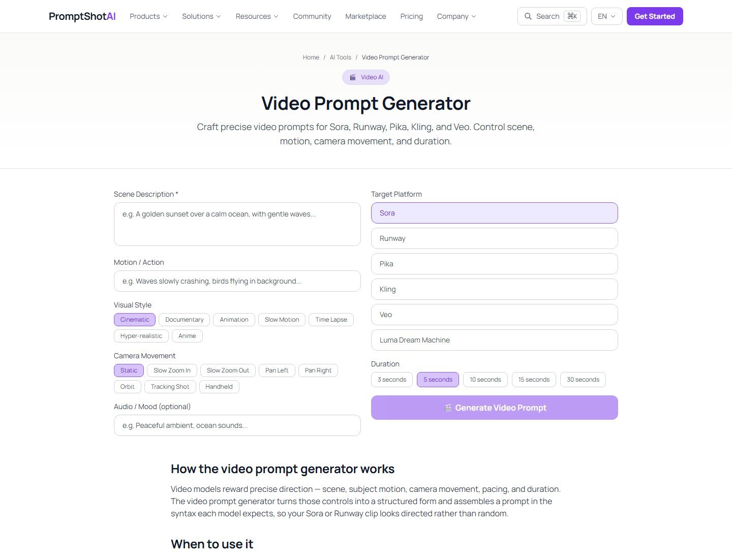 PromptShotAI video prompt form with scene, motion, style, camera movement, platform, duration, and an optional audio or mood field.