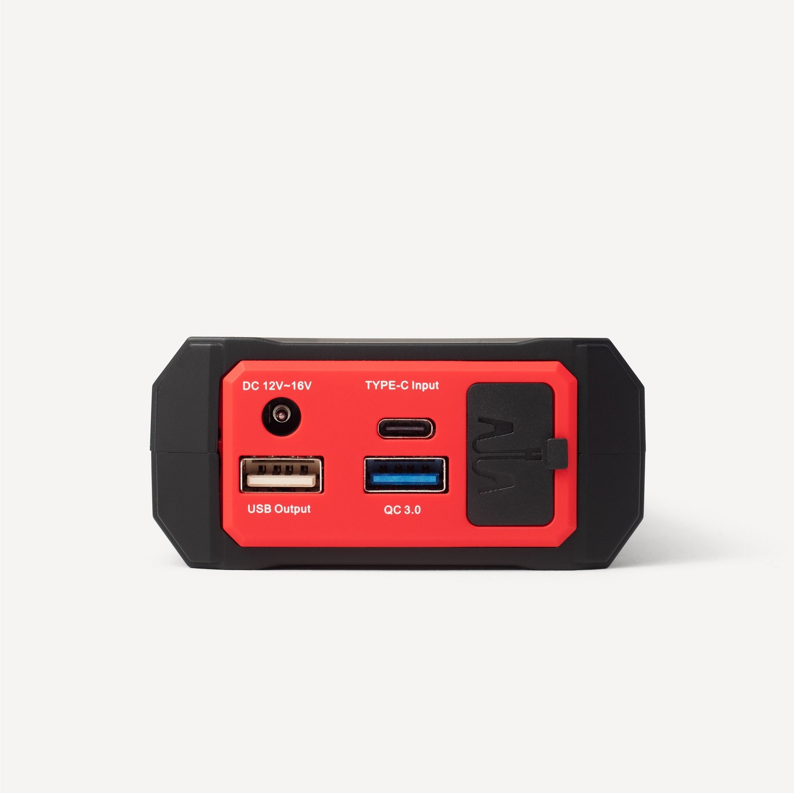 Redi Jumpie end panel with DC 12-16V jack, USB-A output, USB-C input, and QC 3.0 USB-A port