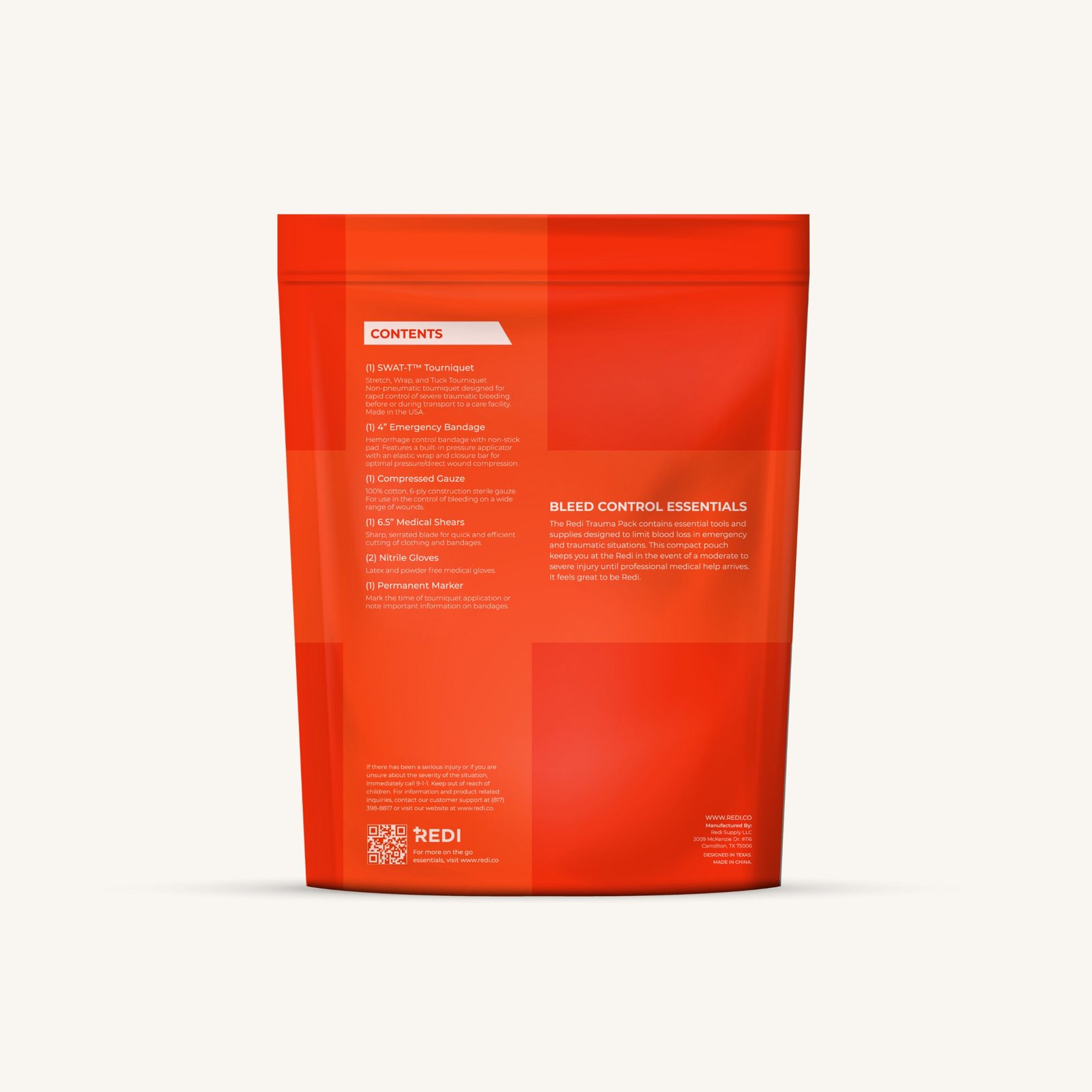 Back of the Redi Trauma Pack pouch showing the printed six-item contents list