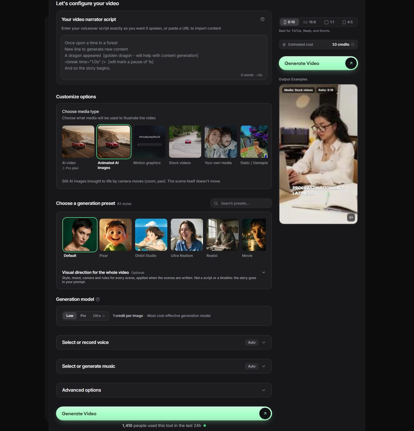 Revid AI TikTok video generator form with a narrator script, 9:16 ratio selected, media types, voice, and music controls
