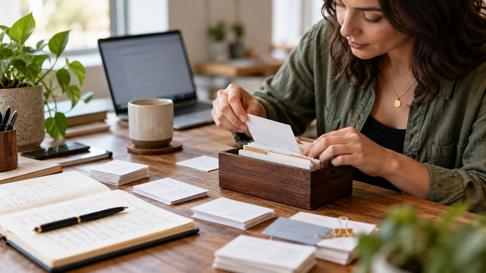 Illustrative photo of a salesperson organizing customer contact notes