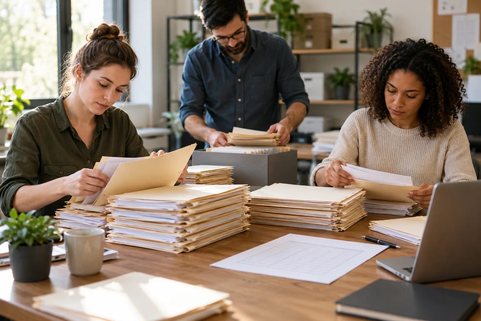 Illustrative photo of a small team organizing customer records before CRM migration