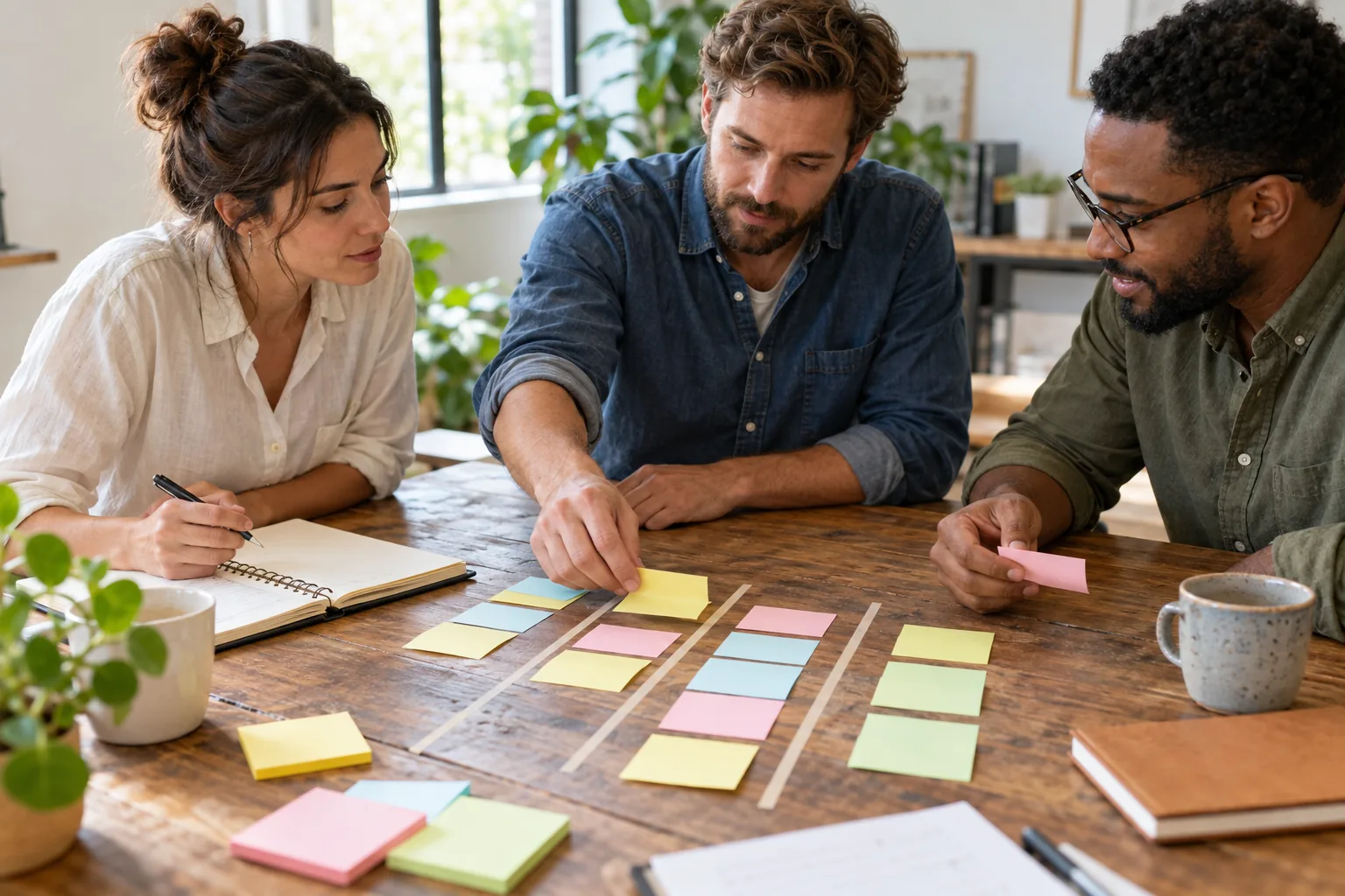 Illustrative photo of a small sales team planning deal stages with sticky notes