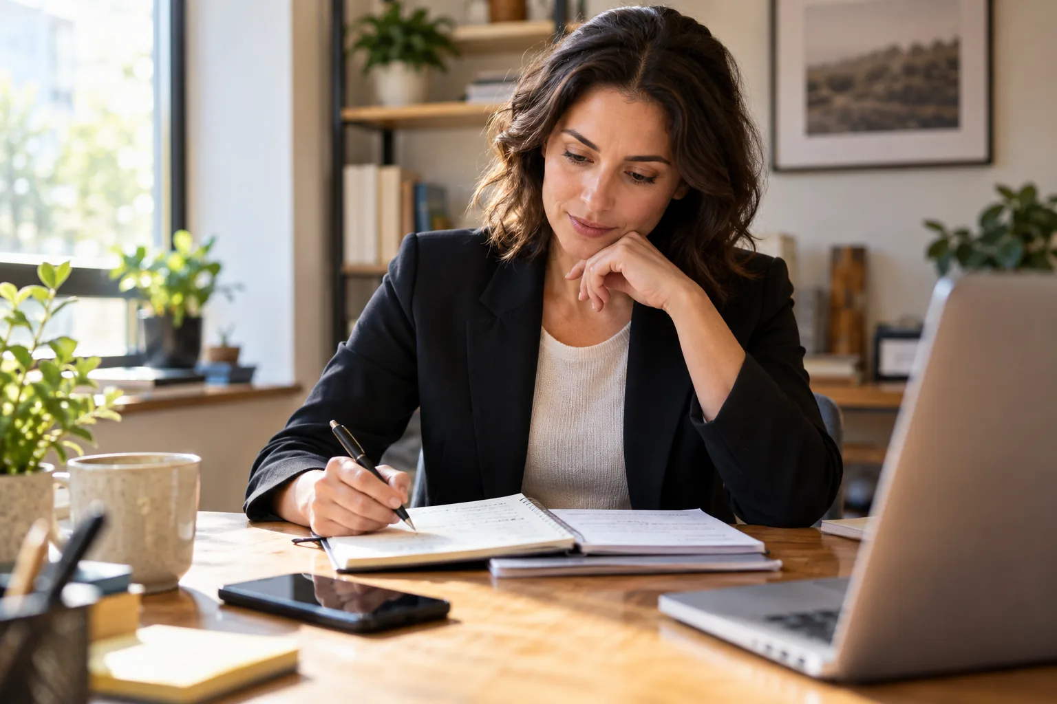Illustrative photo of a sales professional reviewing client notes before a call