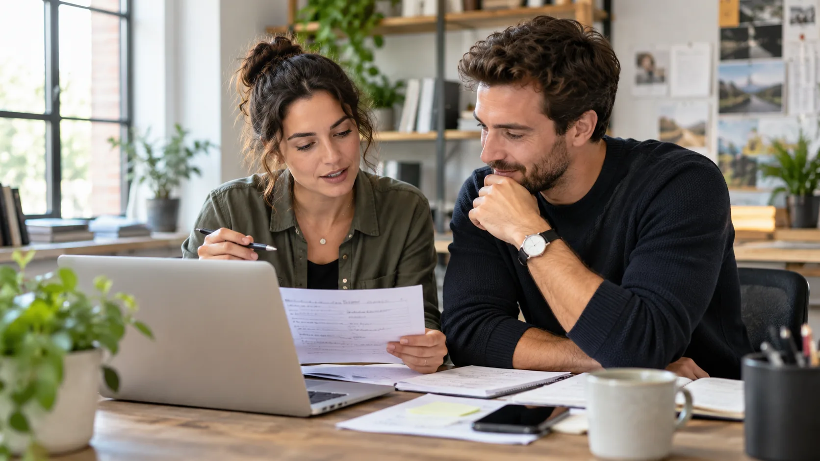 Illustrative image of two small-business colleagues reviewing customer notes before a sales follow-up call