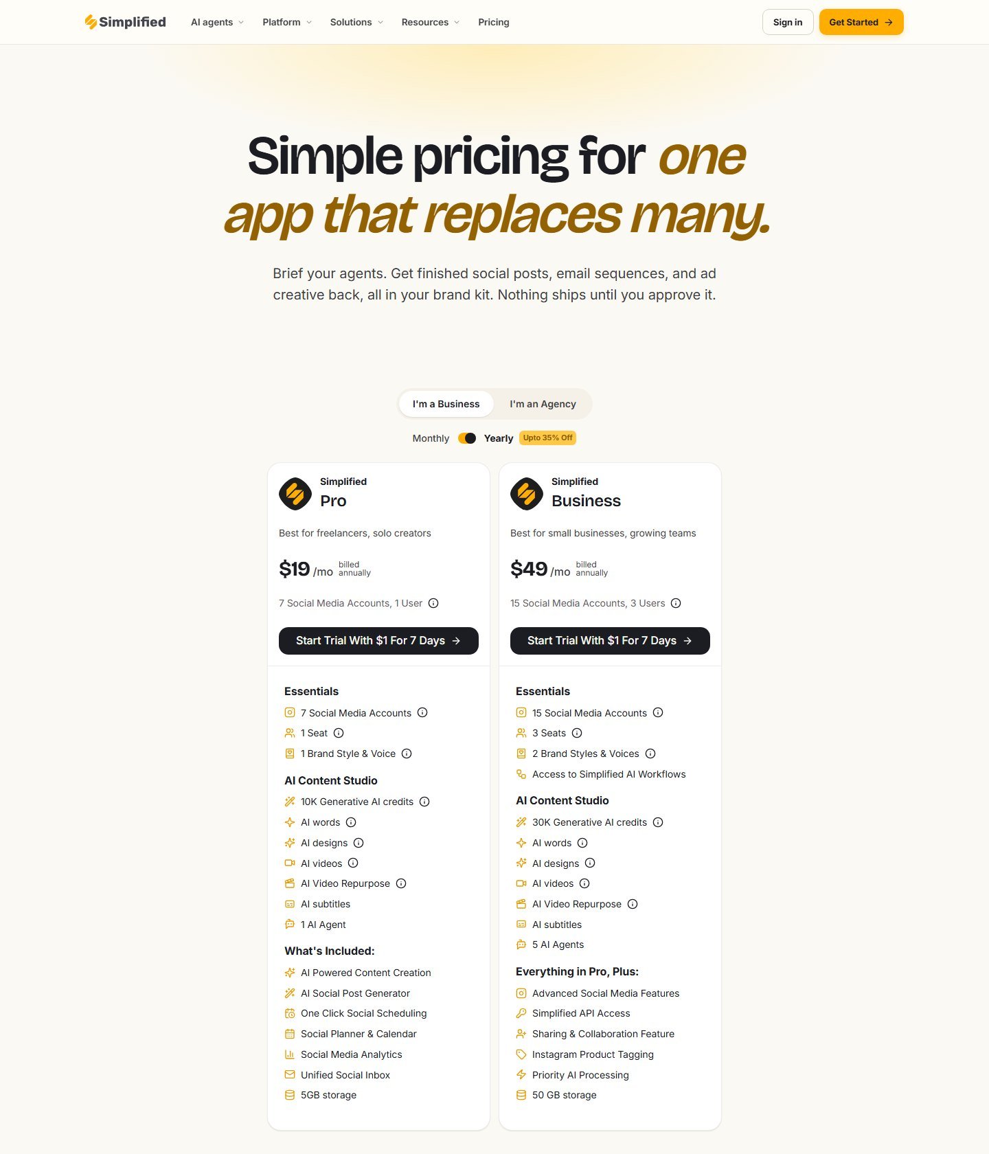 Simplified pricing page with the yearly toggle on, showing complete Pro and Business cards.