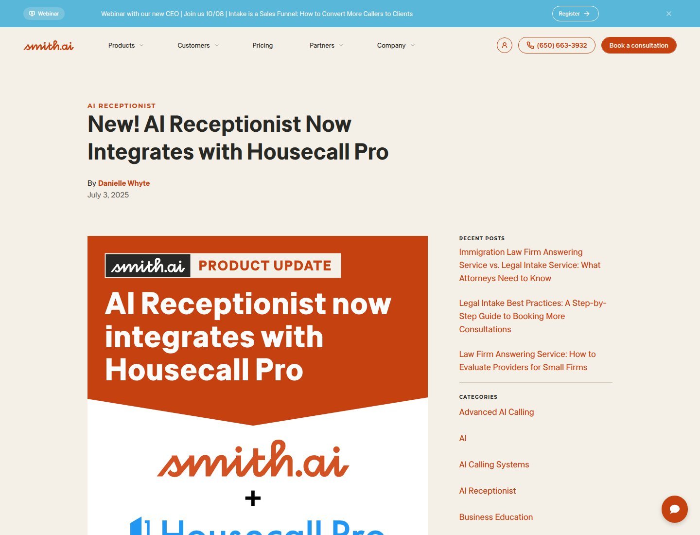 Smith.ai official Housecall Pro integration announcement
