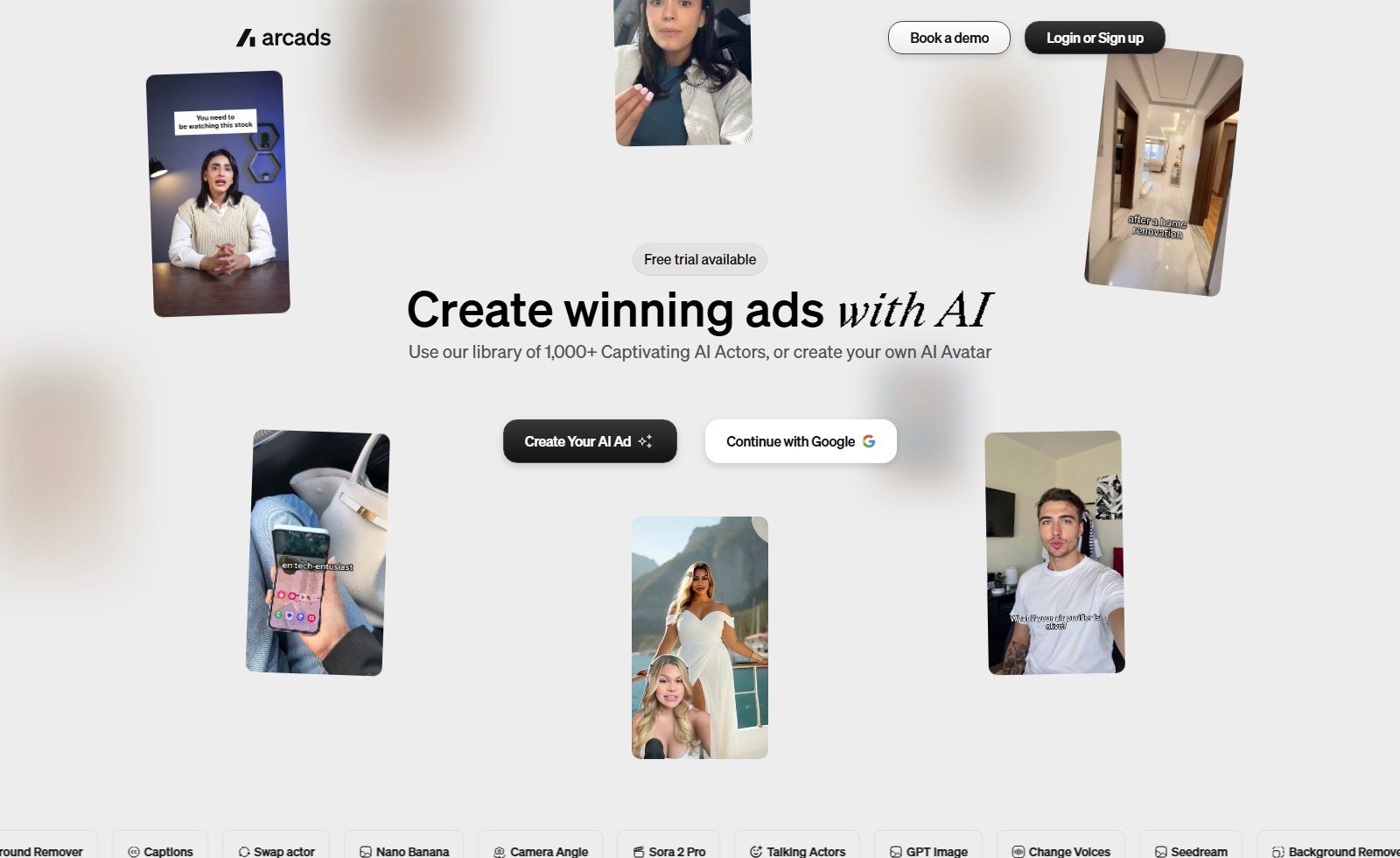 Official Arcads homepage: 1000 plus captivating AI actors, Create Your AI Ad, Talking Actors and Product Showcase chips