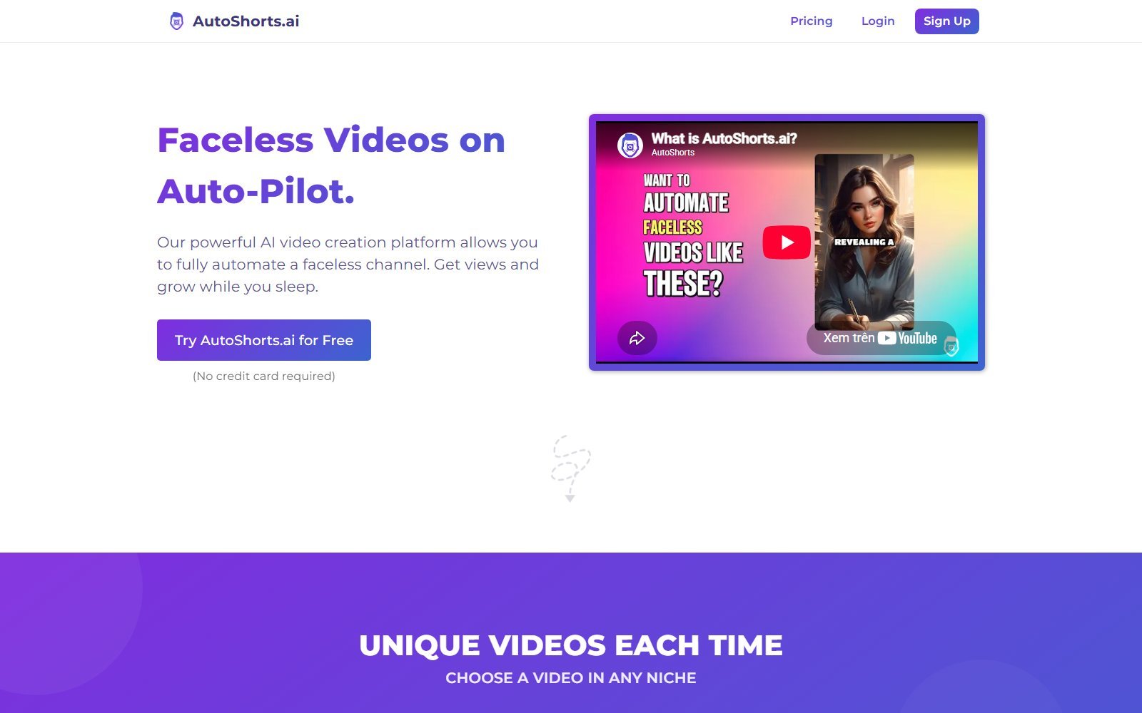 Official AutoShorts homepage capture describing faceless social video automation