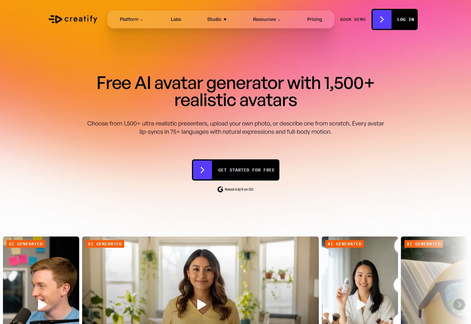 Official Creatify AI avatar page claiming 1500 plus realistic avatars and lip-sync in 75 plus languages