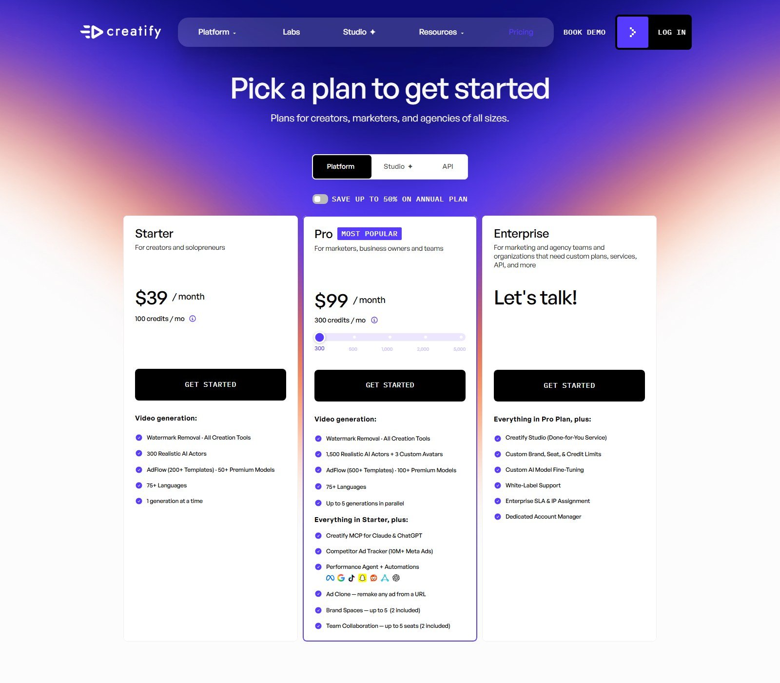 Official Creatify pricing: Starter $39 per month 100 credits, Pro $99 per month 300 credits, Enterprise contact