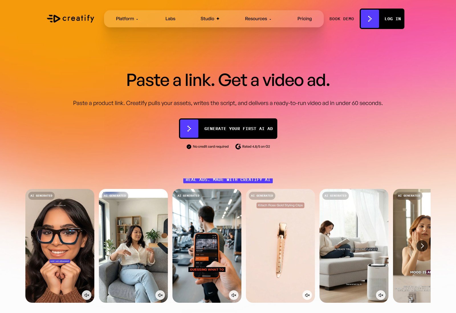 Official Creatify URL to video page: Paste a link. Get a video ad, with AI GENERATED example clips