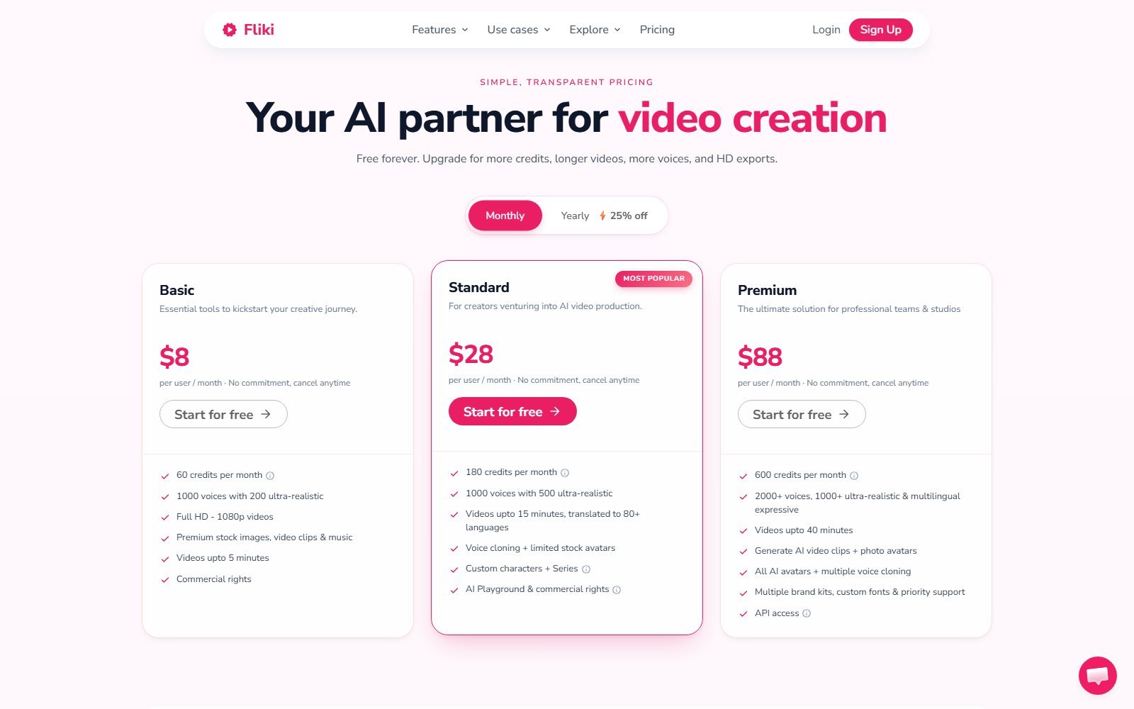 Official Fliki pricing page capture showing free and paid plan columns