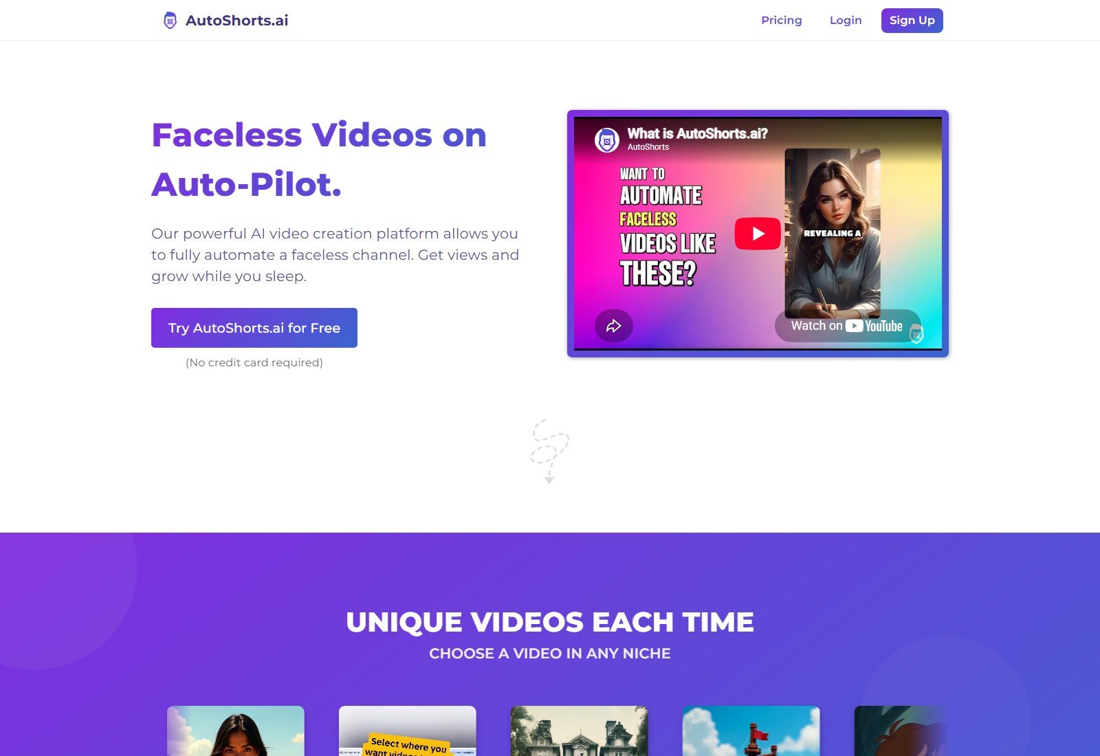 AutoShorts.ai homepage hero Faceless Videos on Auto-Pilot with free trial call to action