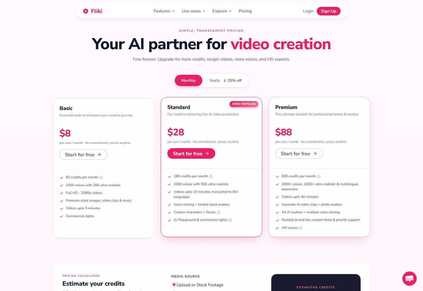 Fliki pricing page monthly toggle with Basic 8 Standard 28 and Premium 88 dollars