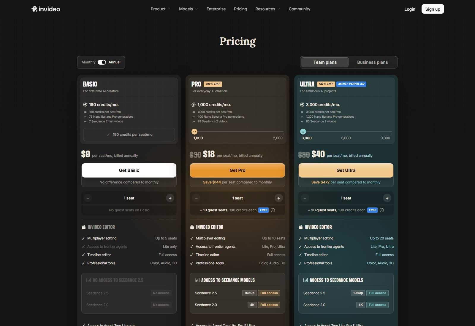 InVideo pricing annual toggle Basic 9 dollars per seat per month billed annually with credit allotments