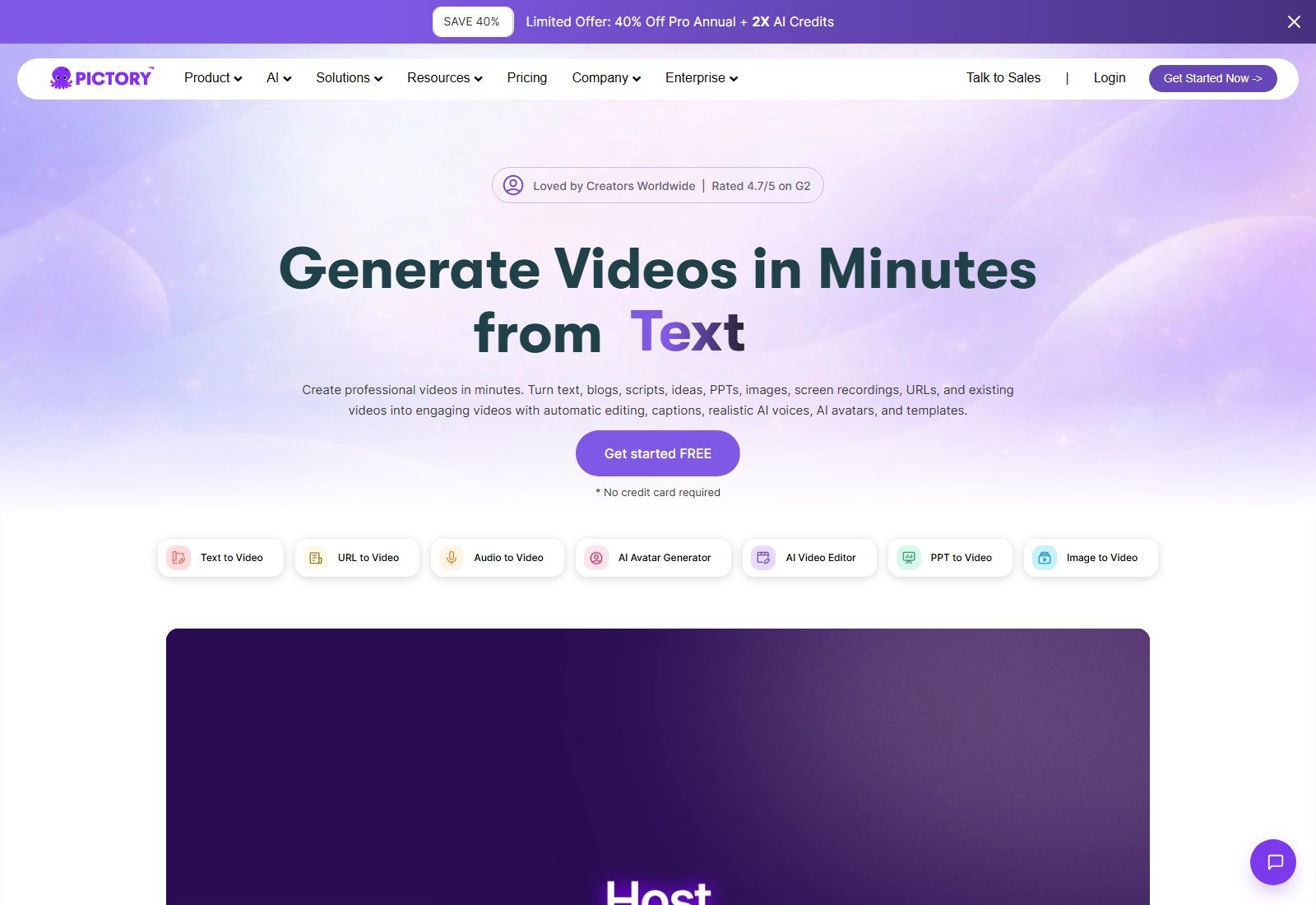 Pictory homepage Generate Videos in Minutes from text scripts blogs URLs and more