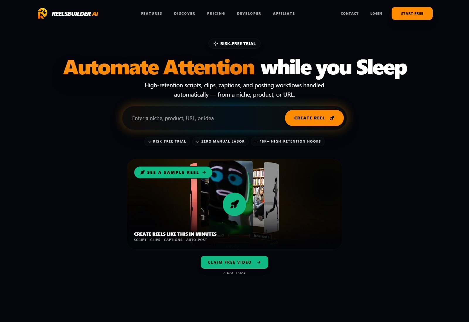 ReelsBuilder.ai homepage Create Viral Content Automatically with script clips captions and auto-post