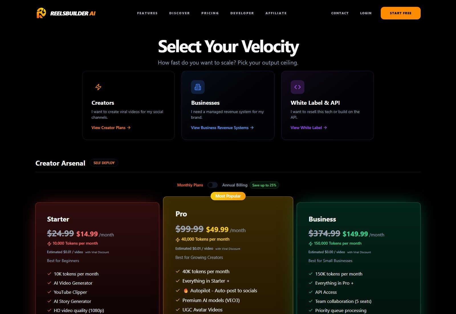 ReelsBuilder pricing Starter 24.99 or 14.99 per month with token allotments
