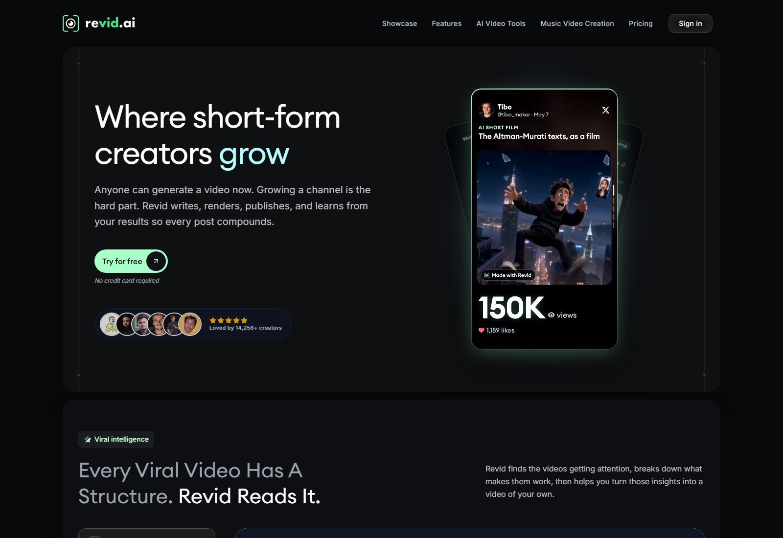 Revid AI homepage Where short-form creators grow with script render and publish workflow