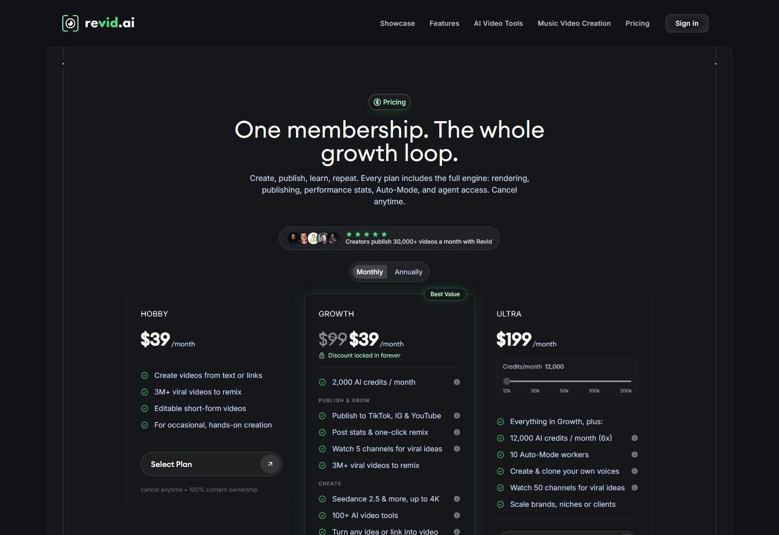 Revid AI pricing showing Hobby Growth and Ultra plans with credits Auto-Mode and publishing