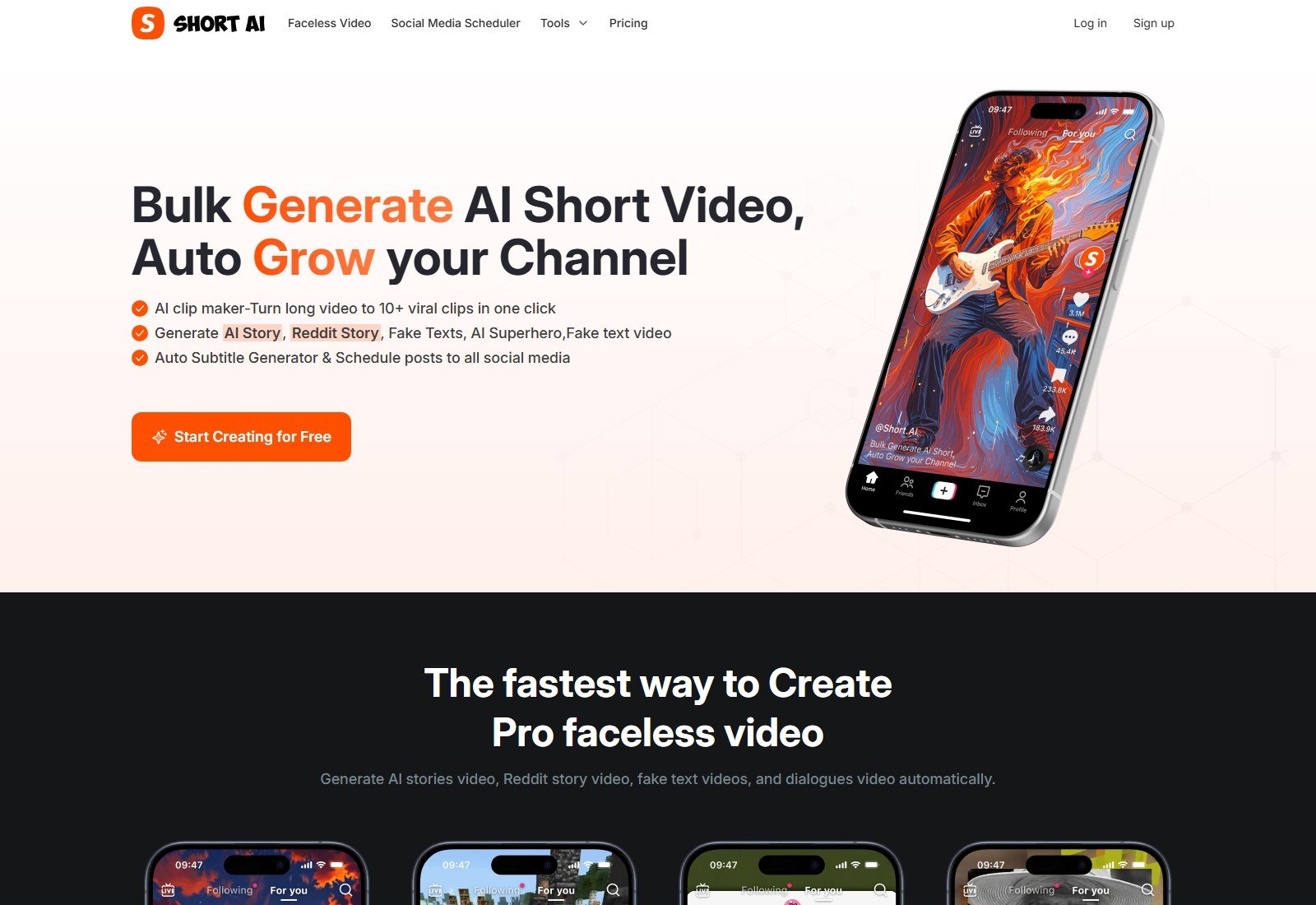Short.ai homepage Bulk Generate AI Short Video with faceless stories captions and scheduling