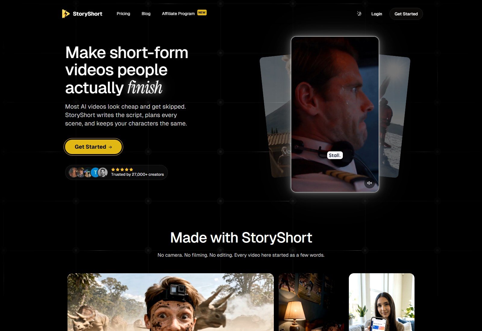 StoryShort homepage promoting AI faceless video generation for TikTok and YouTube Shorts