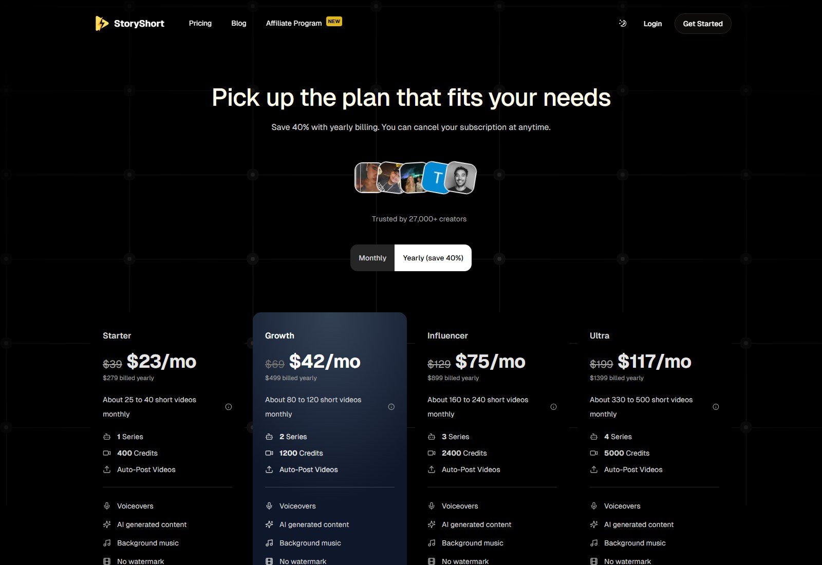 StoryShort pricing page showing Starter Growth Influencer Ultra plans credits series and auto-post