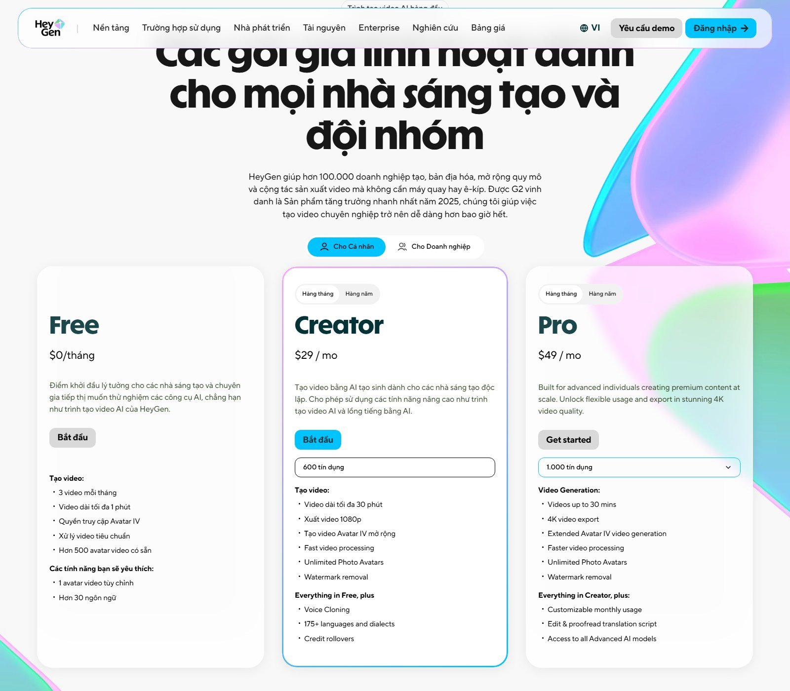 Official HeyGen pricing cards: Free $0, Creator $29 per month 600 credits, Pro $49 per month 1000 credits