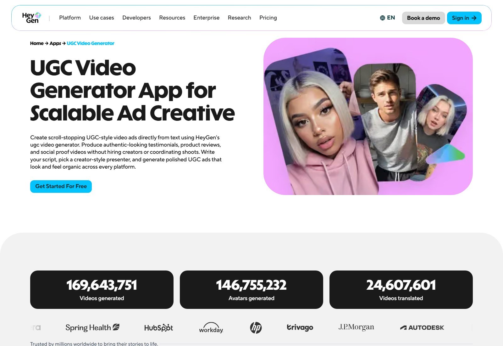 Official HeyGen UGC Video Generator app page with Get Started For Free and creator-style presenter collage