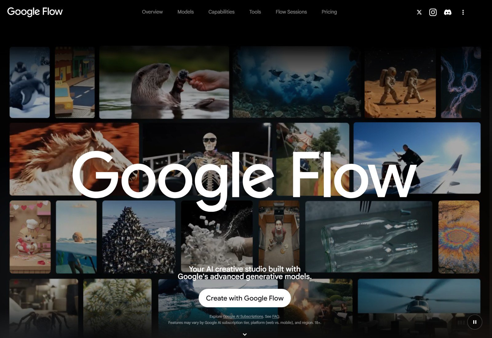 Google Flow AI creative studio page for cinematic video and images