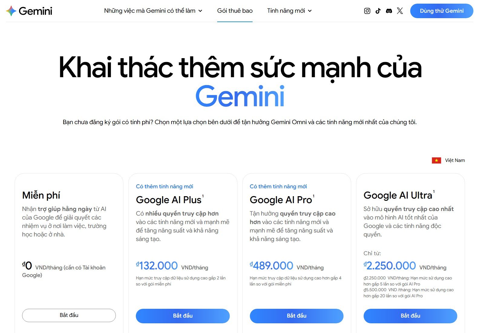 Google AI subscriptions page showing Flow credits; this capture localized to Vietnam