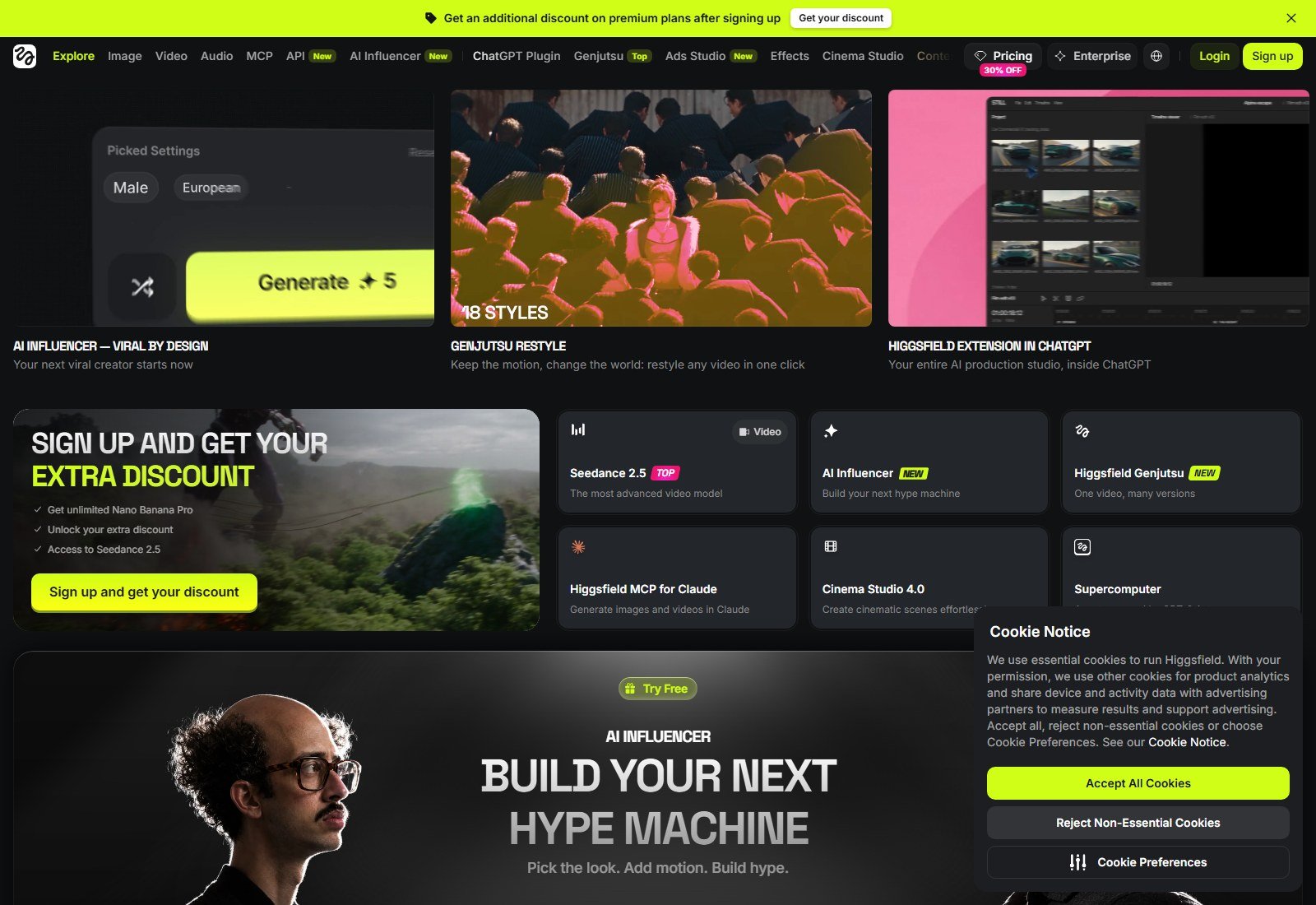 Higgsfield AI homepage for the AI-native creative suite