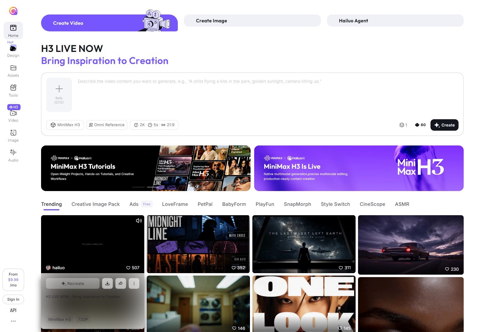 Hailuo AI homepage promoting MiniMax H3 with plans from $9.99 per month