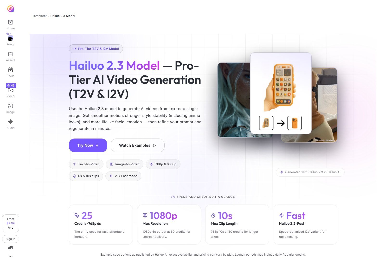 Hailuo 2.3 model page documenting image-to-video, 768p 6s at 25 credits, start frame workflow