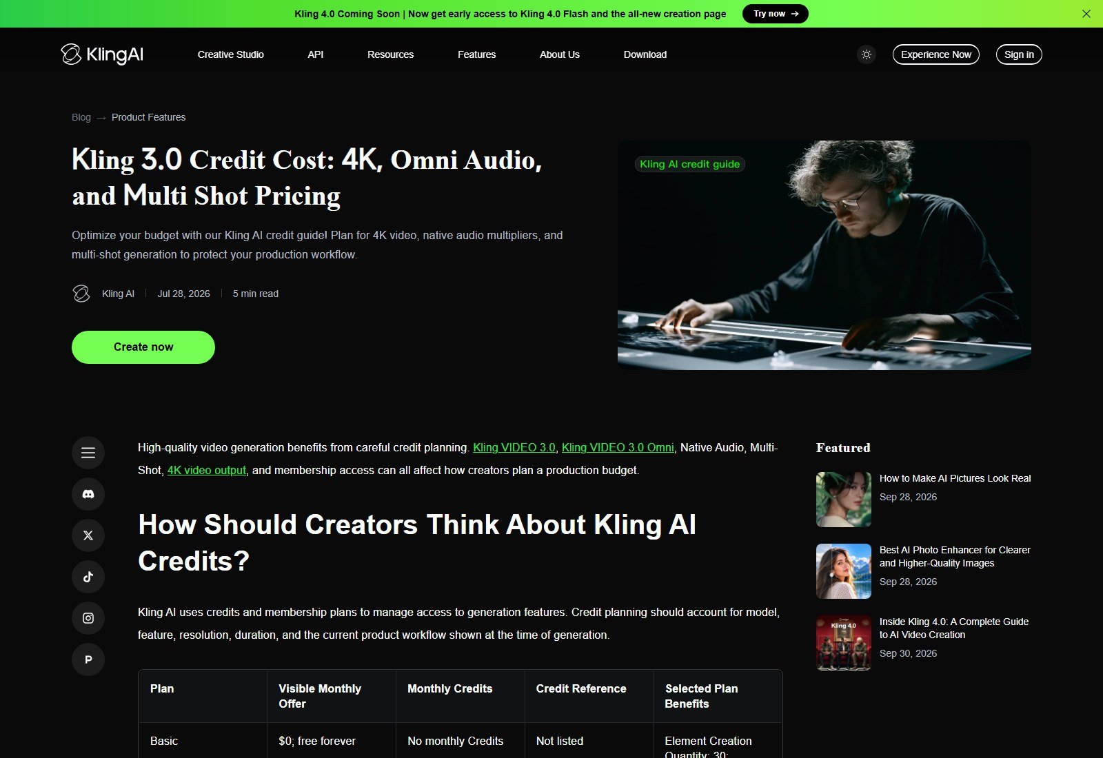 Kling official VIDEO 3.0 credit cost guide with plan credits and 4K reference