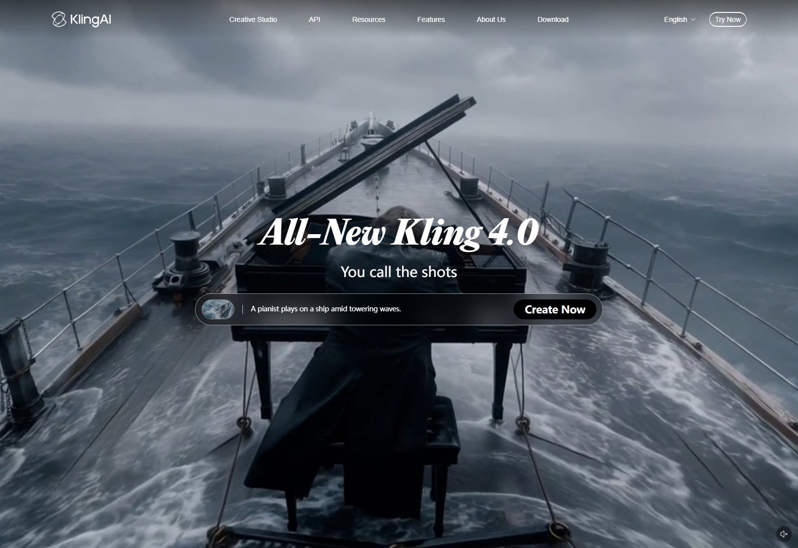 Kling AI homepage promoting Kling 4.0 and image-driven cinematic generation