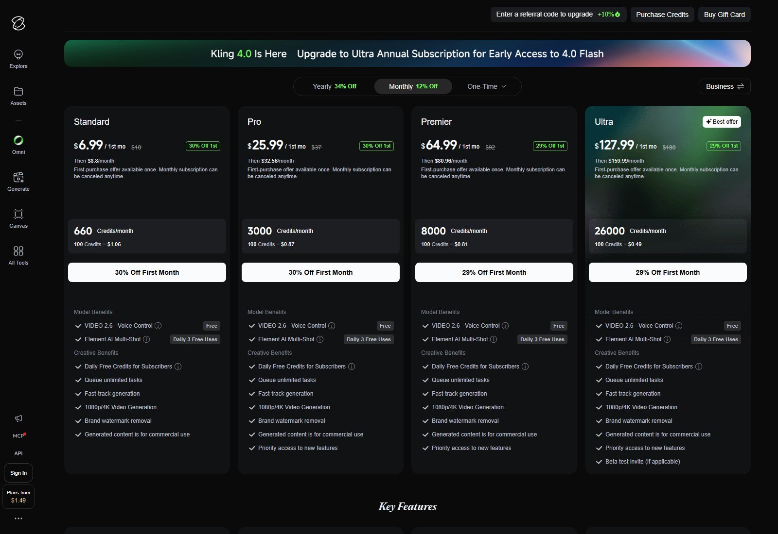 Kling AI membership plans showing Standard first-month $6.99 then $8.8 with 660 credits