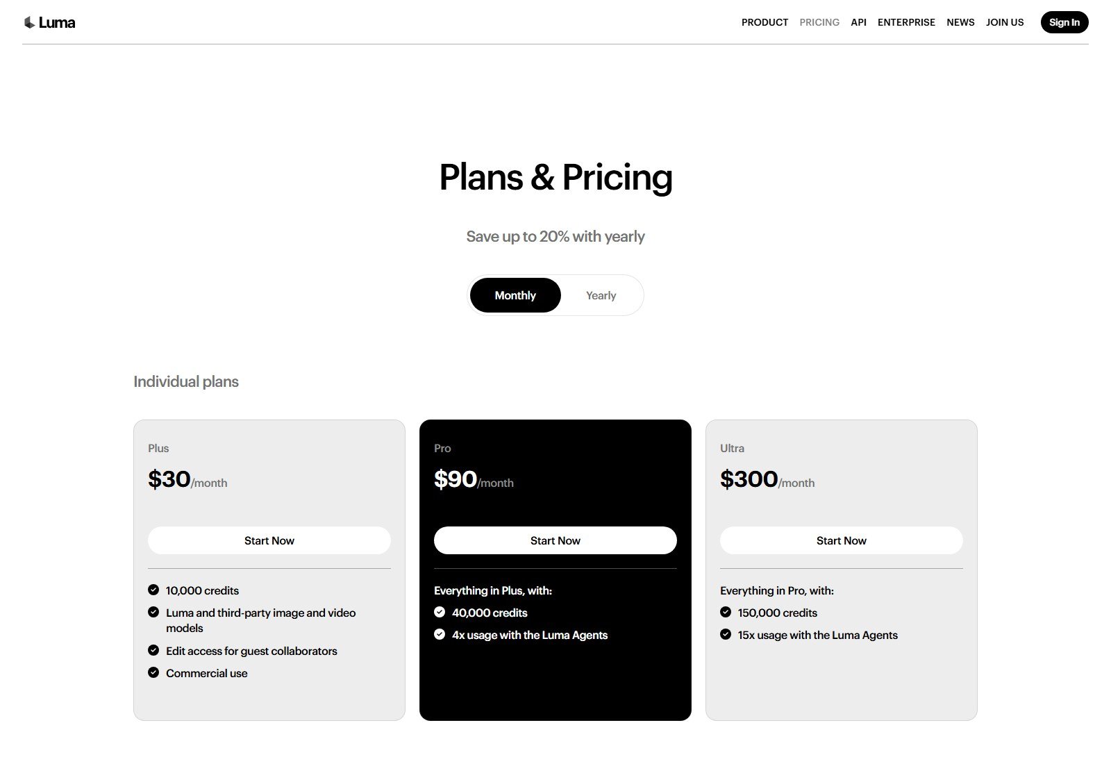 Luma pricing showing Plus $30 monthly with 10,000 credits and Ray3.2 image-to-video credit table
