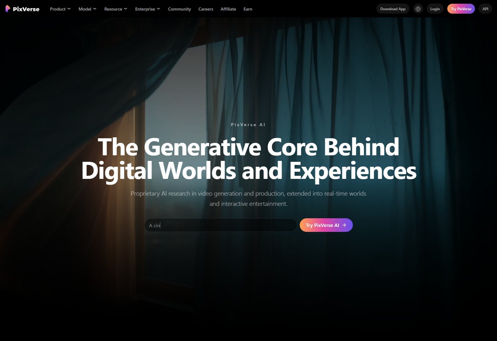 PixVerse homepage promoting V6 generative video with per-minute API-style rates