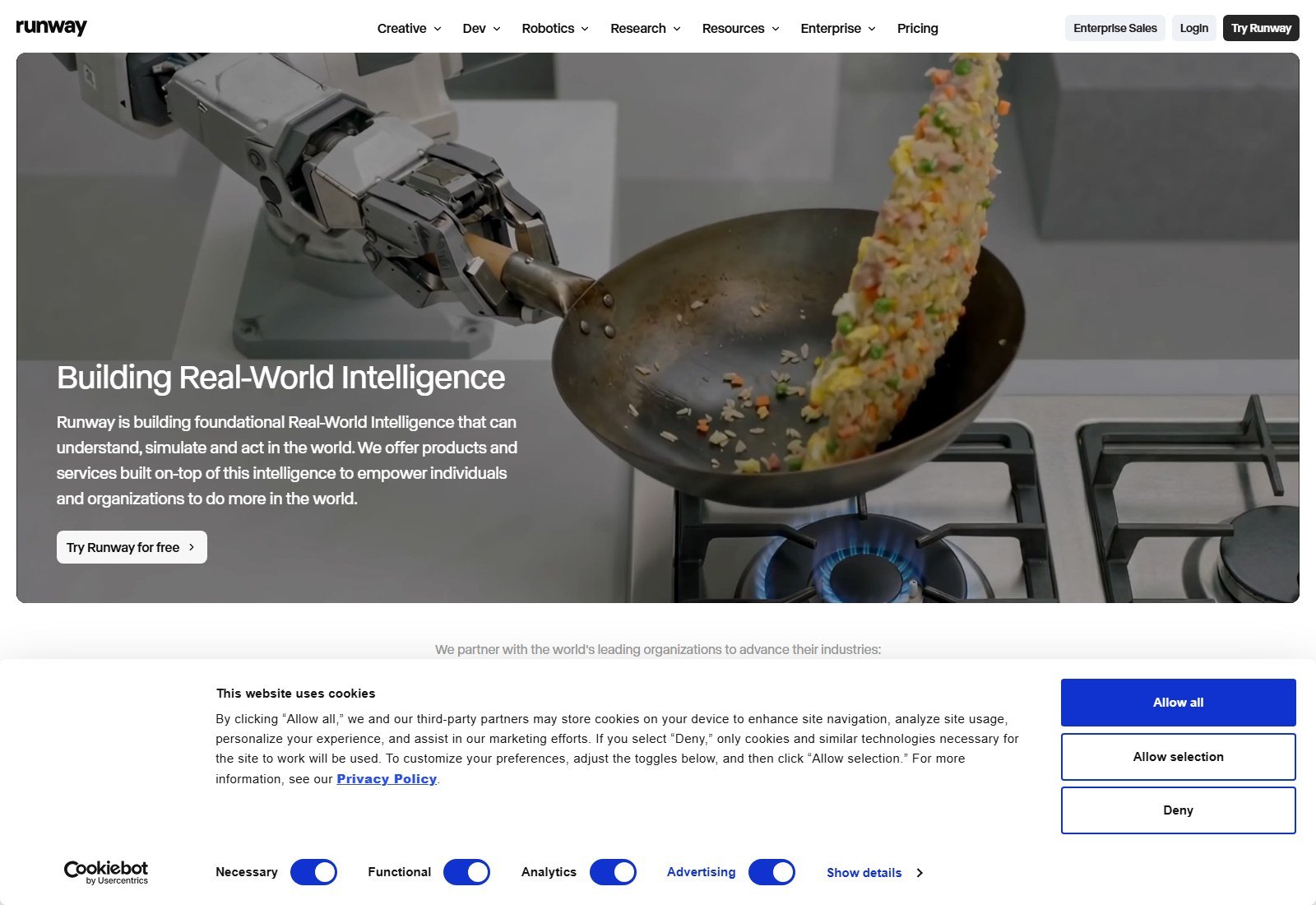 Runway homepage for AI image and video generation studio