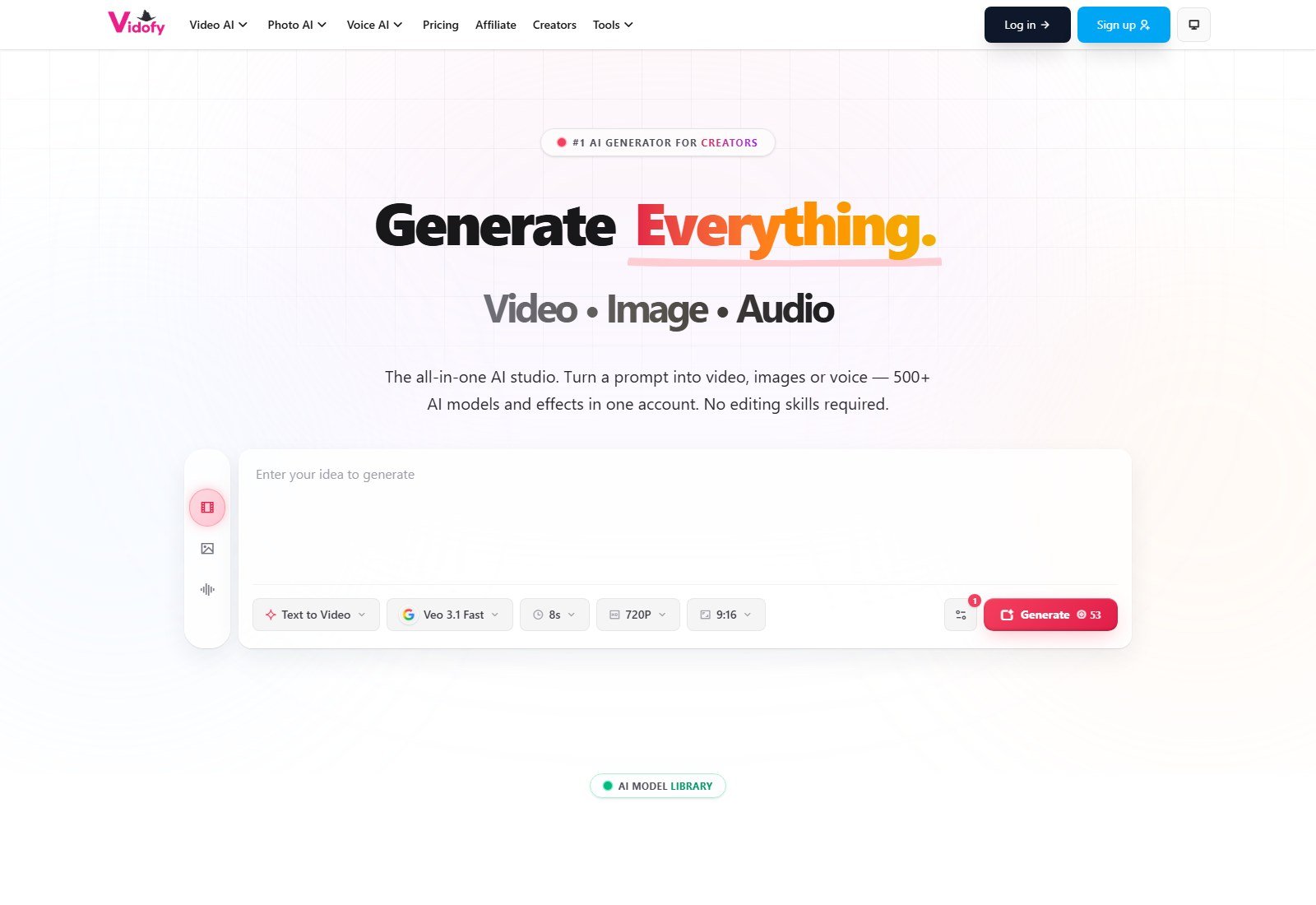 Vidofy homepage showing image-to-video across 65 plus models with full headline and right edge visible
