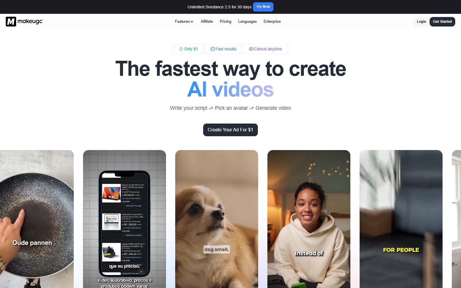 Official MakeUGC homepage capture positioned as AI UGC ad generation