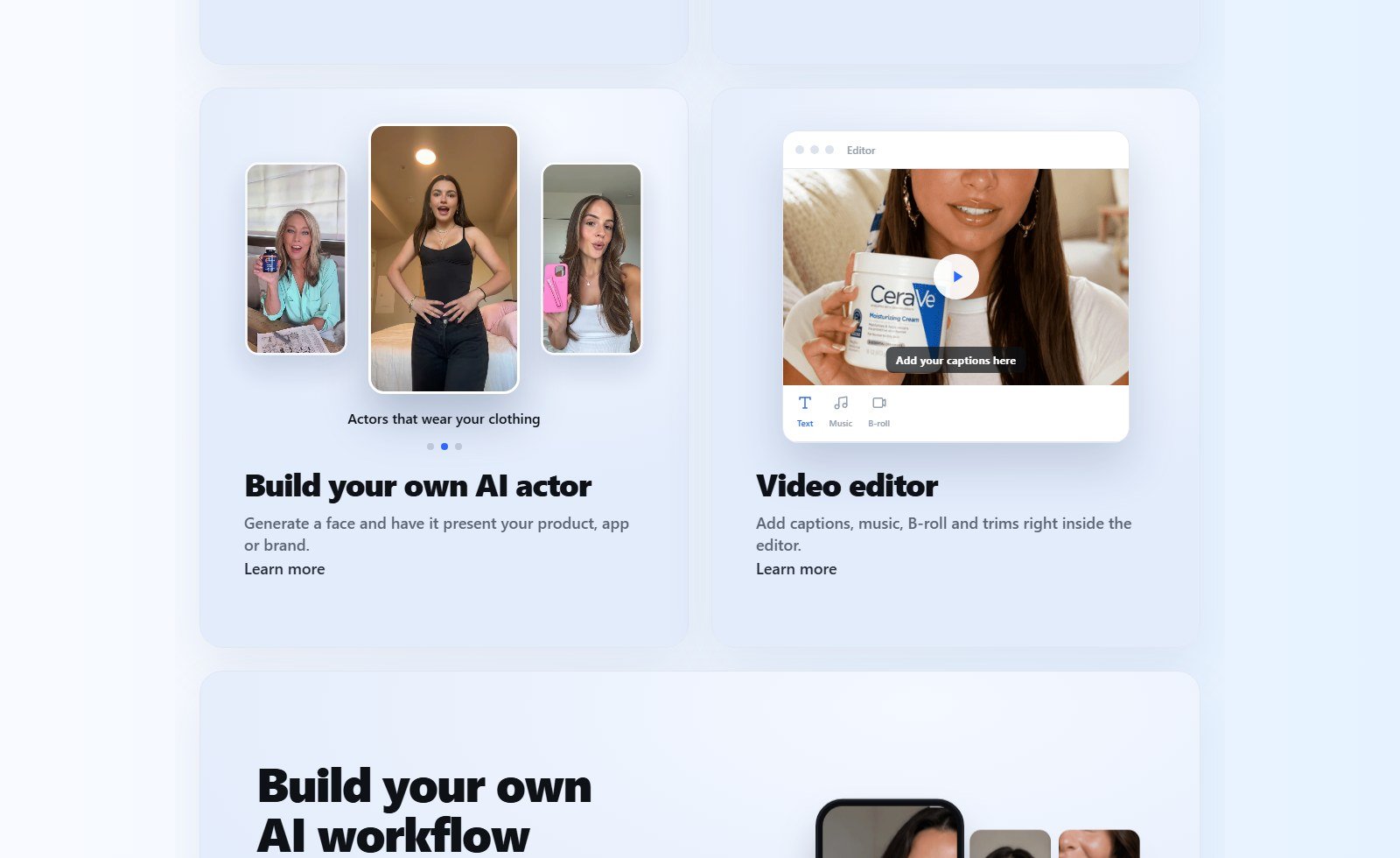 MakeUGC custom AI actor clothing wear and in-app video editor with captions music and B-roll